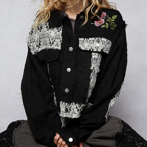 POL Jackets & Blazers - New POL Clothing Twill Jacket Shacket Embroidered Peace Floral Lace Button Down